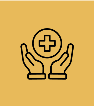 Hands holding medical symbol on yellow background.